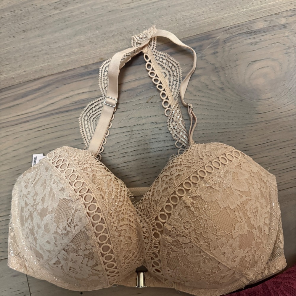 Victoria's Secret Dream Angels Push Up Bra 32DD Lace Halter Champagne
